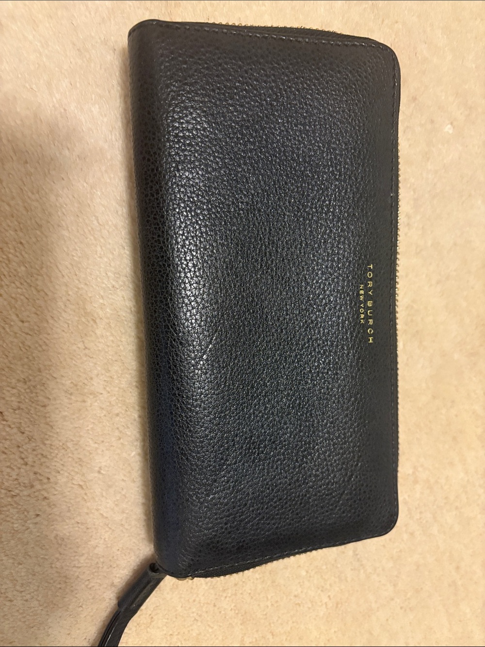 Tory Burch Black Pebbled Leather Zip Wristlet with Gold Logo